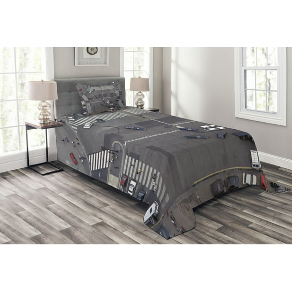 Ambesonne Urban Quilted Bedspread Set 2 Pcs, Road Intersection Paris, Twin Size, Grey White