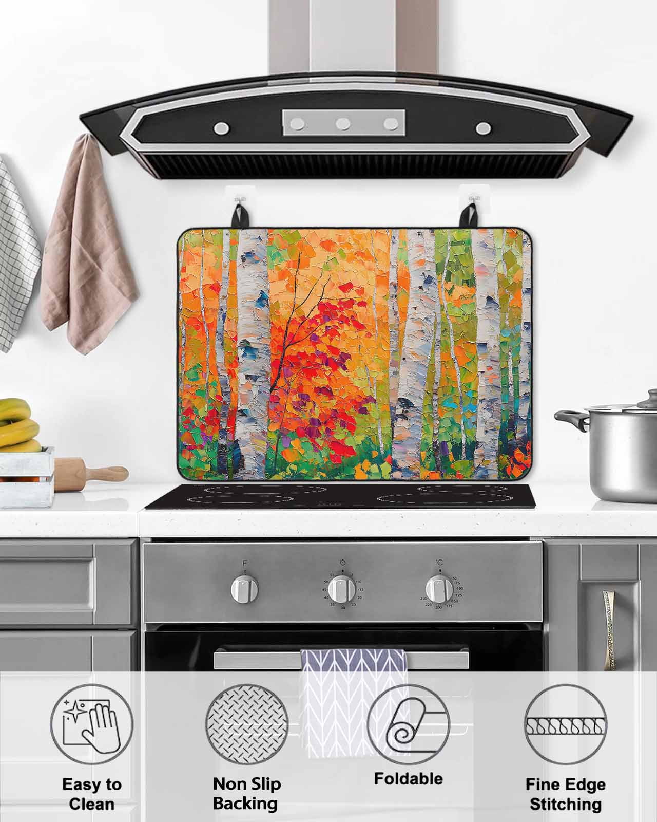 nqOlkjepod Large Induction Cooktop Protector Mat 24"x21", Modern Oil Painting Stove Top Covers for Electric Stove, Summer Tree Leaves Yellow Green Stove Burner Cover Mats, Glass Top Stove Cover
