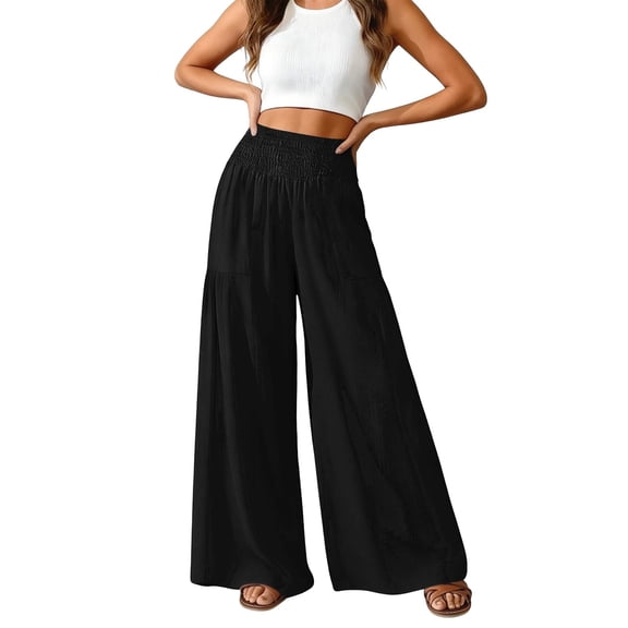 Women's High Waist Wide Leg Pants, Cotton Linen Flare Leg Palazzo Trousers with Pockets, Elastic Waist Casual Bell Bottom Pants for Daily Wear, Vacation and Boho Chic Outfits Black L