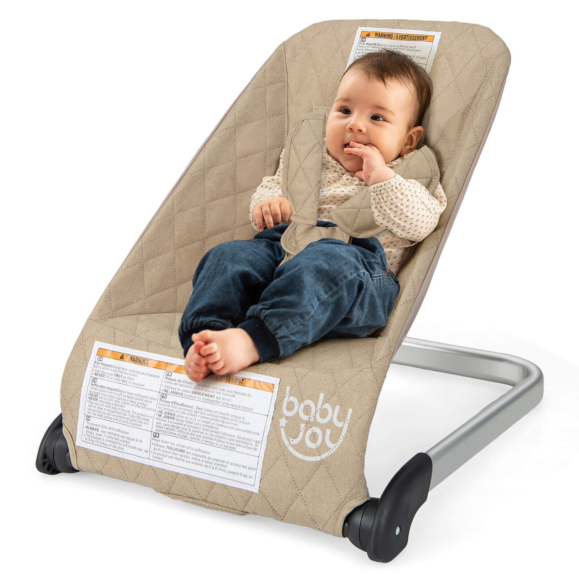 Gymax Folding Infant Bouncer Portable Baby Rocker w Breathable Backrest Aluminum Beige Walmart
