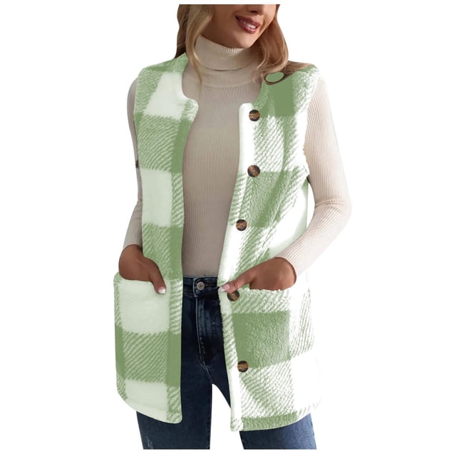 Gilets Thermiques d'Hiver pour Femmes Mode Décontractée à Carreaux Double Face Velvet Sans Manches Vestes Hauts Col Rabattu Chaud Doux Vêtements d'Extérieur Vert Menthe TG