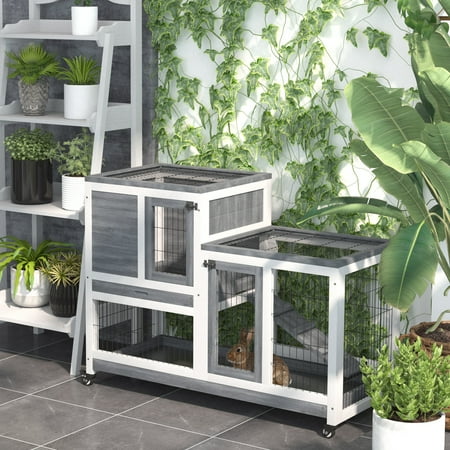 PawHut Wooden Rabbit Hutch Elevated Bunny Cage Indoor Small Animal Habitat with Enclosed Run with Wheels Ramp Removable Tray Ideal for Guinea Pigs Grey