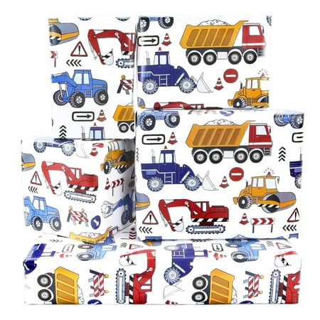 Vintage and Modern PresNok Excavator Road Under Construction Diggers Mixers Dumper Backhoe Trucks and Tools Gift Wrapping Paper (Folded Flat 6 sheets in 1 design: 23 sq. ft. ttl.) For Kids