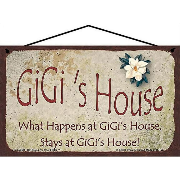 5x8 GiGi's House Sign with Magnolia Flower What Happens at GiGi's House Stays at GiGi's House Vintage Style Decorative Household Family Home Décor Grandma Nickname Gift Signs for any Grandmother
