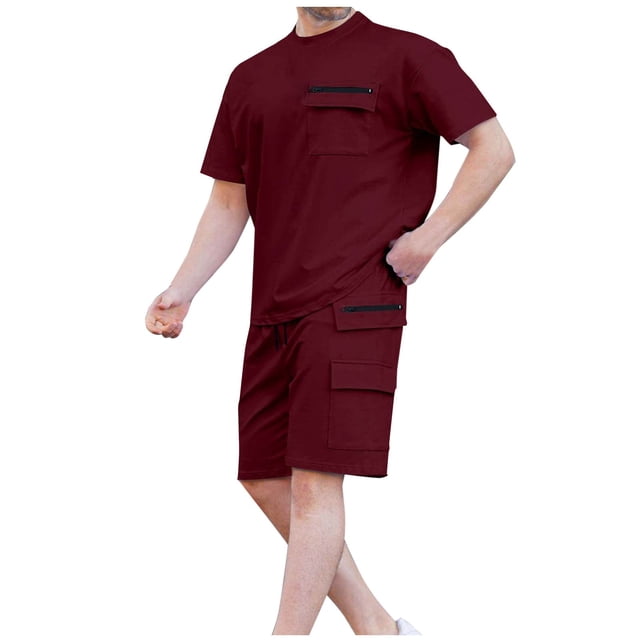 Ensemble Décontracté à Manches Courtes et Col Rond et Shorts à Taille Élastique avec Cordon pour Hommes, Mélange Coton Polyester, Noir, P