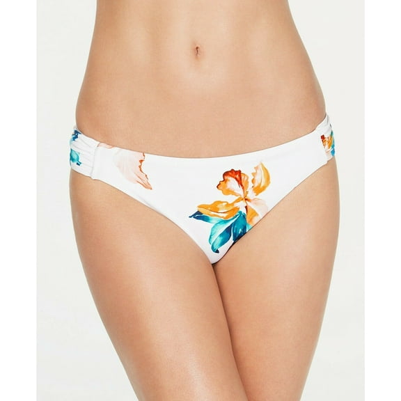 Bar III WHITE FLORAL Iris-Printed Side-Shirred Bikini Swim Bottom, US X-Large
