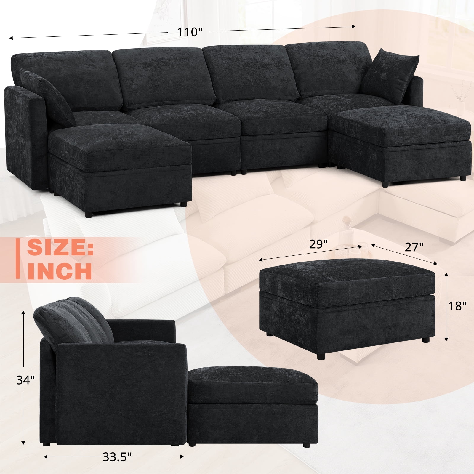ACMEASE 110” Chenille 4 Seats Sofa W/2 Movable Ottoman, Modern Fabric U-Shaped Couch with Soft Backrest, Upholstered Sectional Sofa with Armrest Pillows for Living Room, Office, Black