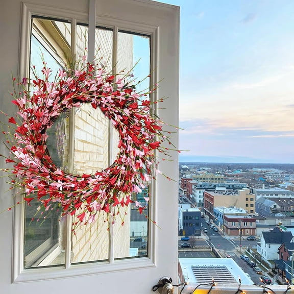 JEWLALO 18"Artificial Pink Forsythia Wreath, Valentine's Day Front Door Wreath, Forsythia Wreath for Front Door, Spring Pink Wreath for Home Wedding Window Wall Window Decor