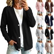 RotHome Women's V-Neck Button Down Cardigan Lightweight Long Sleeve Knit Sweatshirt Jacket with Front Pockets Solid Black Casual Outerwear Large