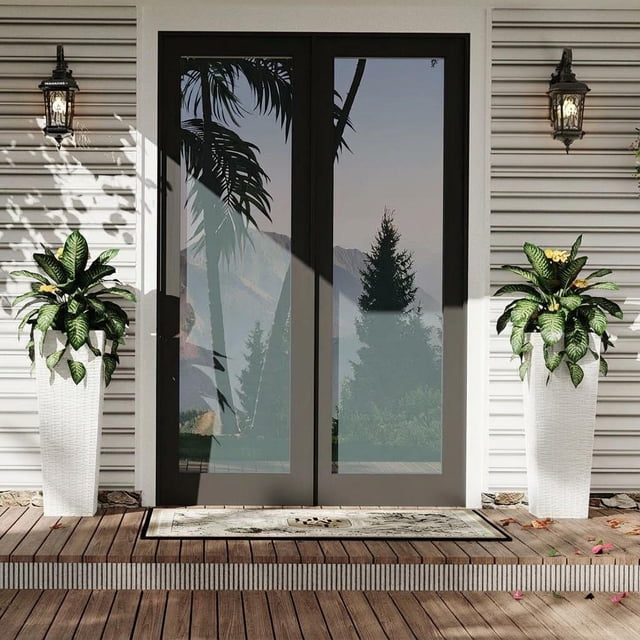 Modern Tall White Rattan Planters Set of 2 – 32 Inch & 24 Inch Large Flower Pots with Drainage Holes – Durable Decorative Plastic Indoor Outdoor Containers for Trees, Flowers, Porch, Patio, Garden