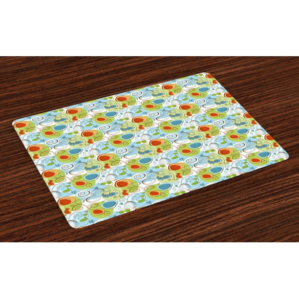Funky Placemats Set of 4 Whimsical Fun Pattern with Random Swirls Spirals Color Spots and Little