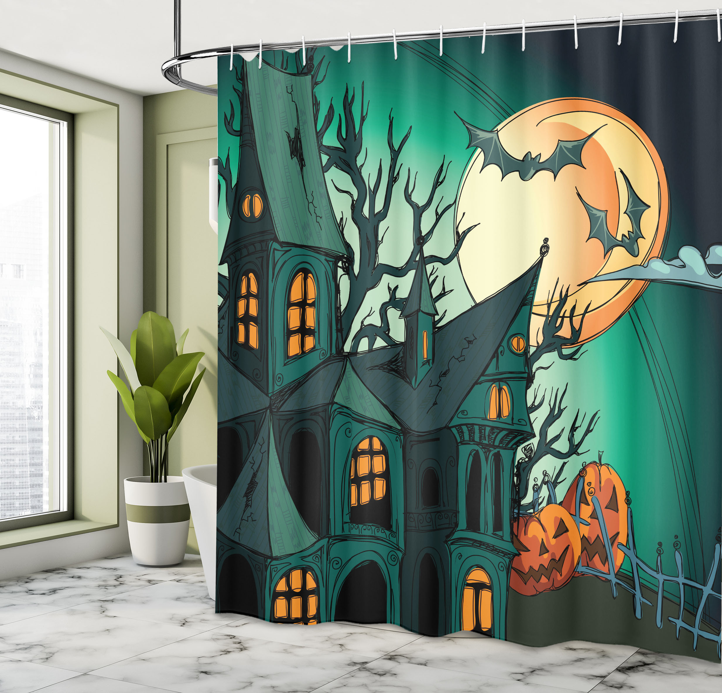 Ambesonne Teal Shower Curtain, Halloween Haunted Castle, 69"Wx75"L, Orange Teal - image 5 of 5