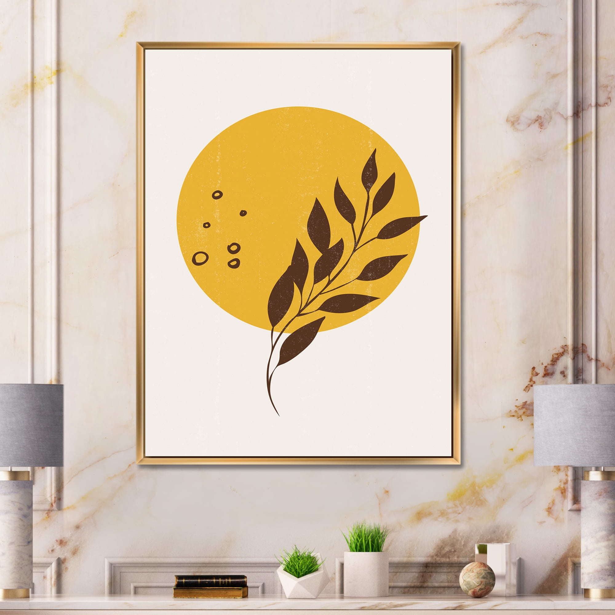 Designart 'Abstract Moon and Yellow Sun With Tropical Leaf II' Modern Framed Canvas Wall Art Print