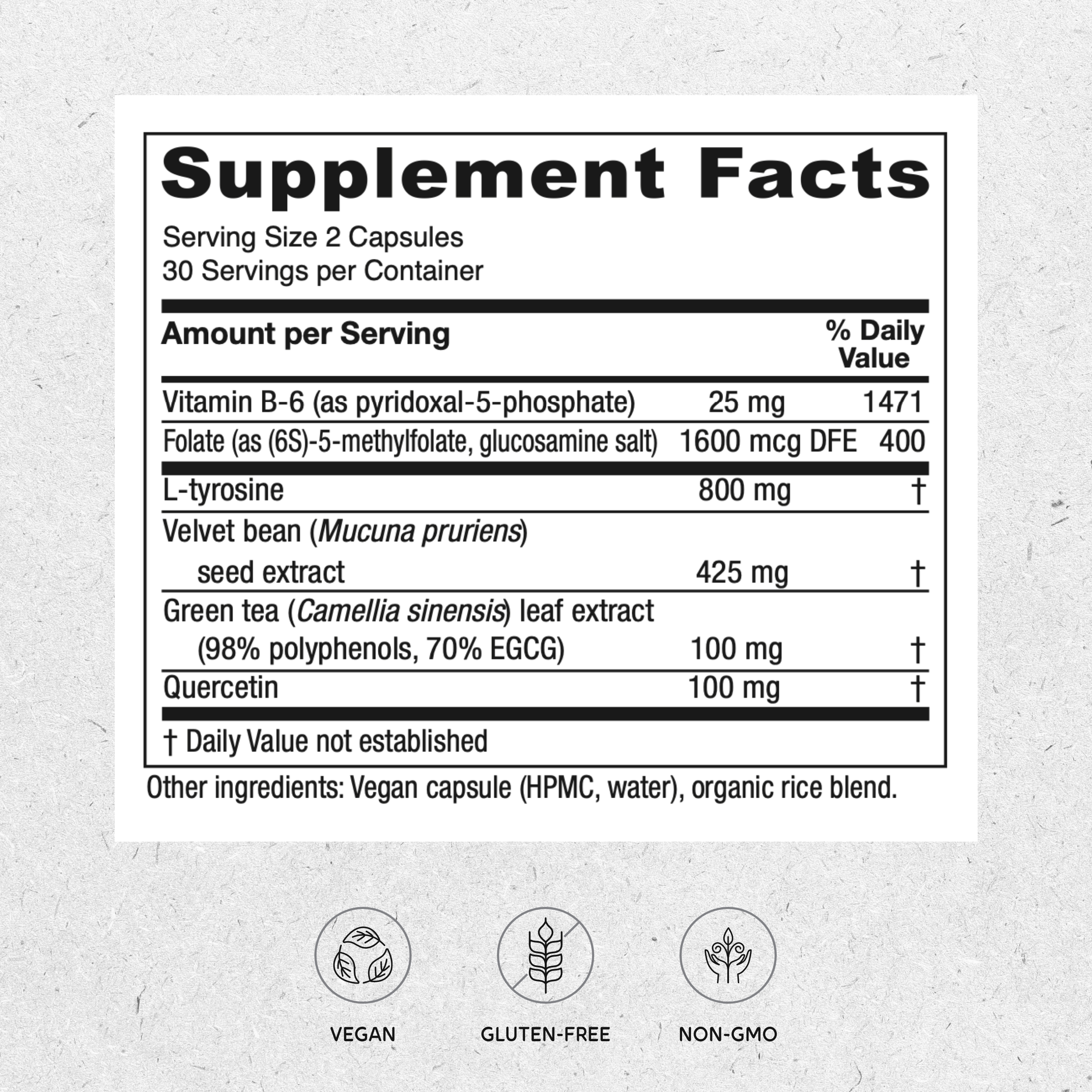 Vitanica Dopamine Assist, Dr Formulated Dopamine Supplement, L-Tyrosine, Mucuna Pruriens Neurotransmitter Mood Support, Vitamin B6, Folate, Green Tea Extract Quercetin Vegan, 60 Capsules