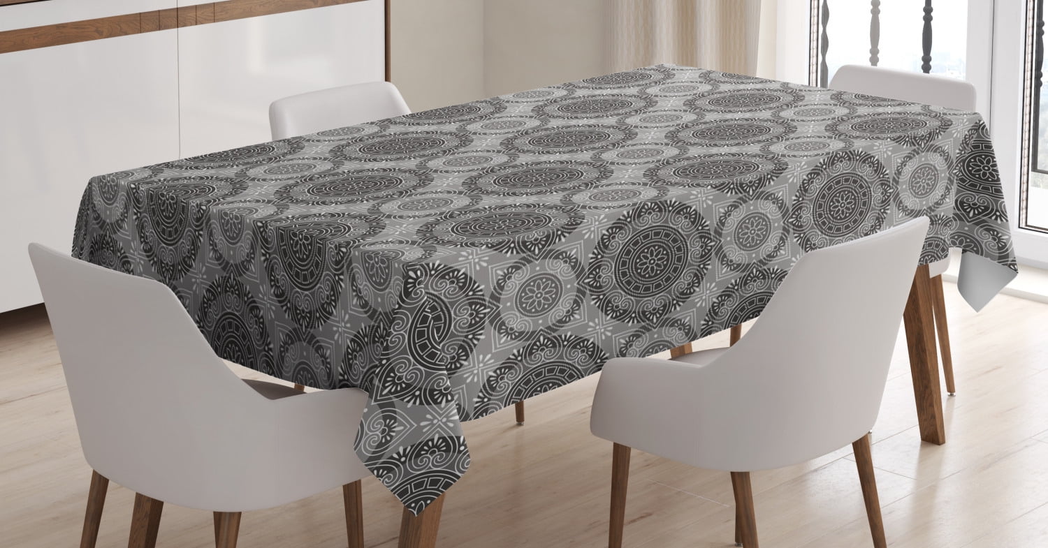Grey Tablecloth, Antique Artistic Pattern with Ornamental Flowers Traditional Damask Pattern
