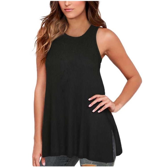 Tank Tops for Women Summer Loose Tunic Tops Side Split Blouses Active Relax Fit Crew Neck Sleeveless Lounge T-Shirts