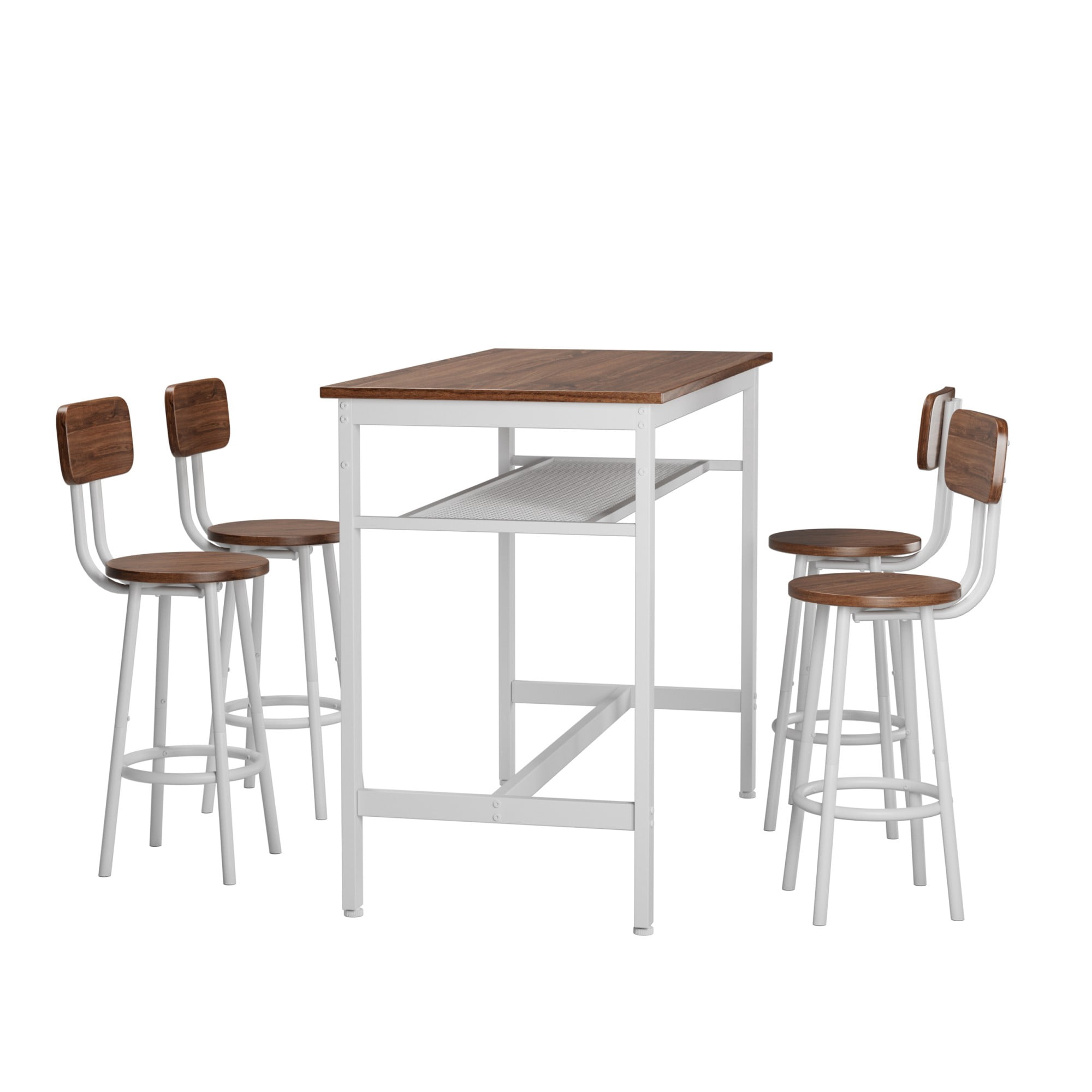 Aukfa 5-Piece Bar Table Set with Metal Shelf, Counter Height Dining Table & 4 Stools, Space-Saving Kitchen Pub Set for Small Spaces, Walnut - Industrial Style