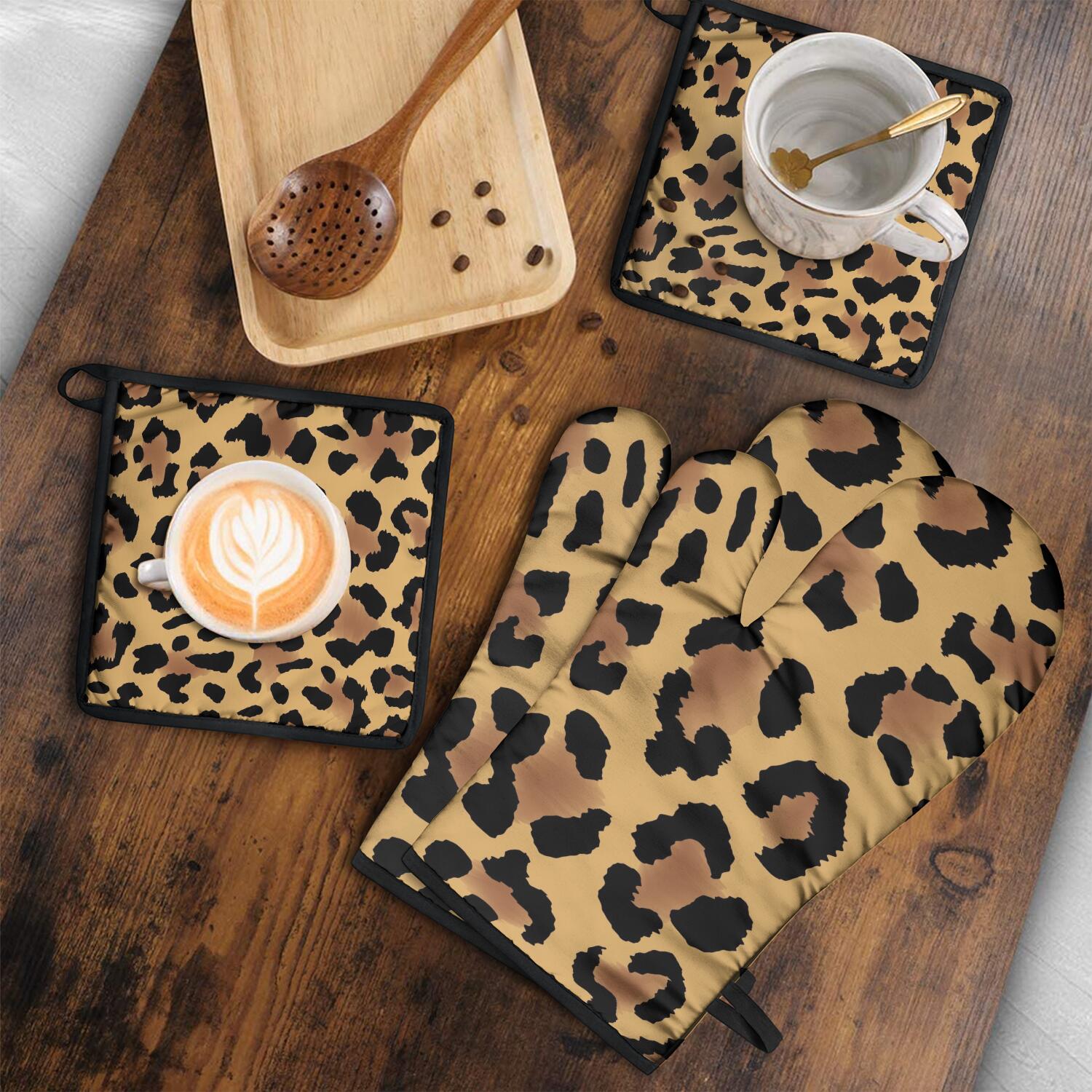 Leopard Print Oven Mitts and Pot Holders Set Of 4, Heat Resistant Kitchen Gloves with Non-Slip Grip, Hanging Loop, Soft Cotton Lining for Baking, Cooking, Grilling, Barbecue