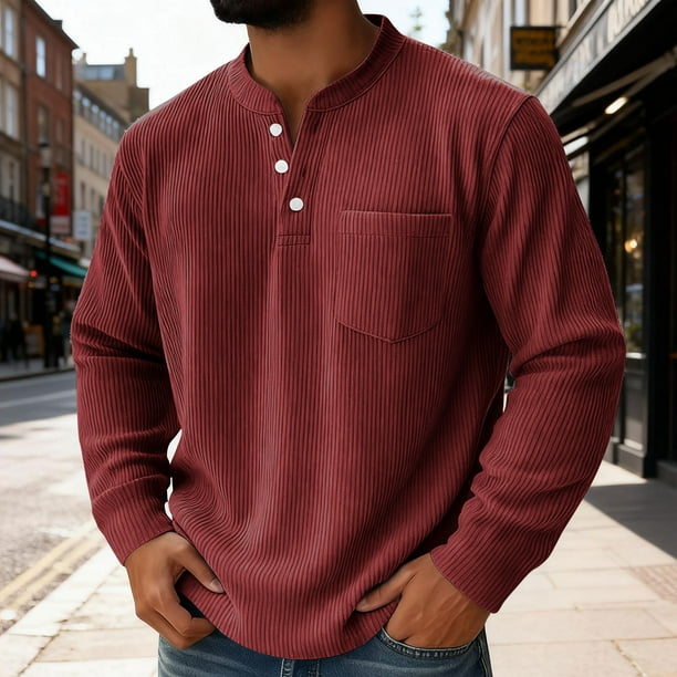pstuiky Camisas de invierno de manga larga para hombre, Camiseta informal de manga larga con botones y cuello alto de color liso para hombre camisetas de hombre m