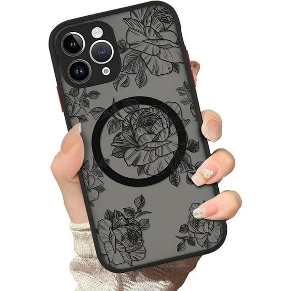 Case for iPhone 13 Pro, [Compatible with MagSafe] Rose Pattern Flower Floral Print Design Case Magnetic Wireless Charging Soft TPU Bumper Hard PC Back Anti-Drop Shockproof Slim Cover - Black