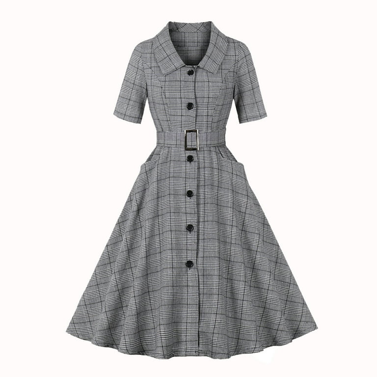 ワンピース stand collar check dress Womens Vintage Plaid Shirt Dress with Belt Pockets Short