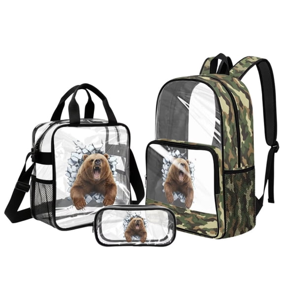 LedBack 3 Pcs Clear Backpack Set for Teens Waterproof Transparent PVC Bookbag with Lunch Bag and Pencil Case, Heavy Duty See Through Backpack for School Travel Work Concerts, Green