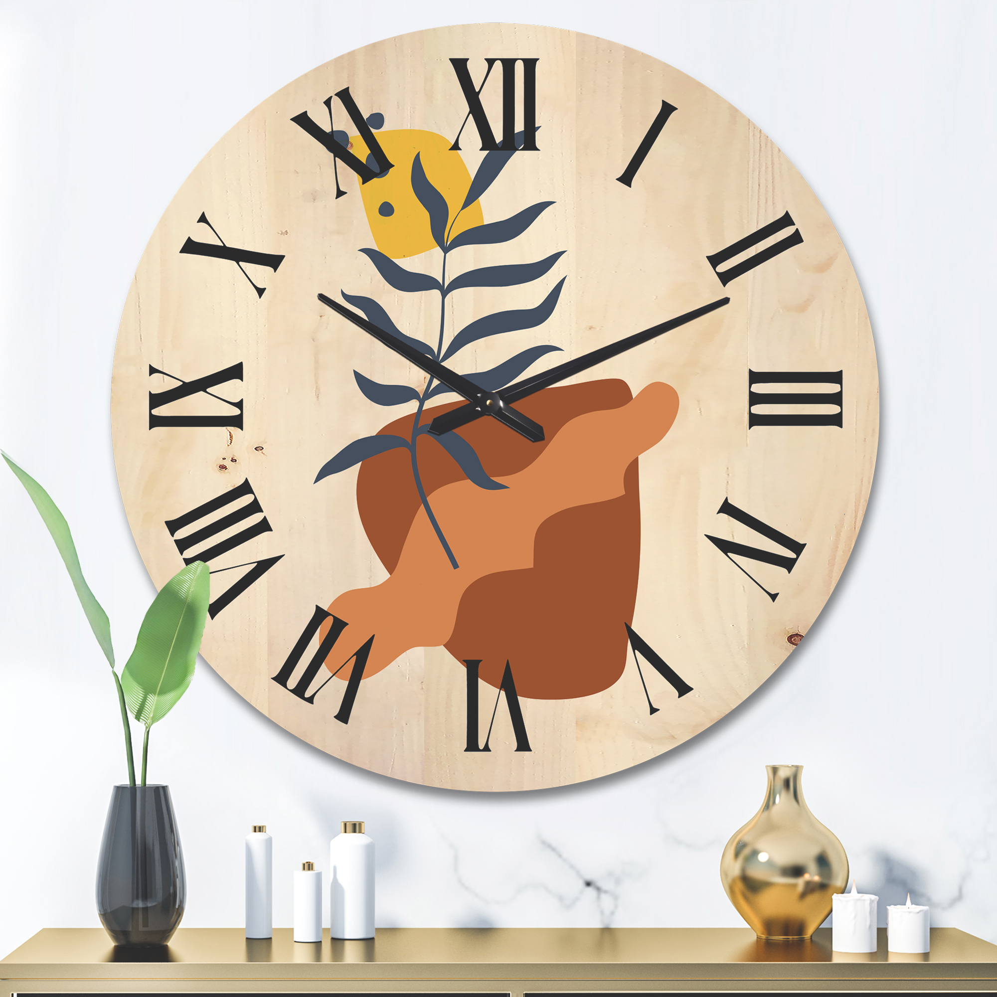 Designart 'Abstract Flowers Plants With Elementary Shapes VI' Modern Wood Wall Clock