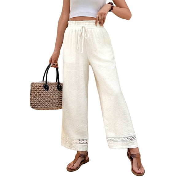 Womens Solid Color Casual Straight Leg Elastic Waist Pants Comfortable Trousers Cream White XL