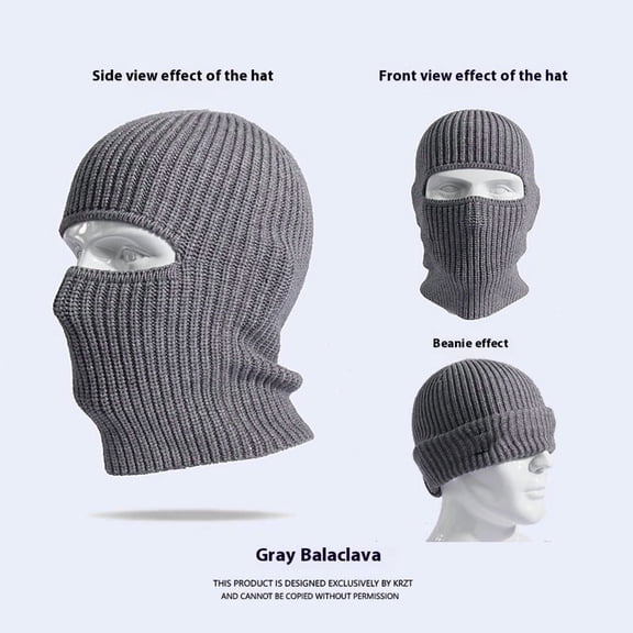 1 Hole Ski Mask Winter Knitted Warm Full Face Mask Windproof Head Cover for Men Women Sports Outdoor-Grey