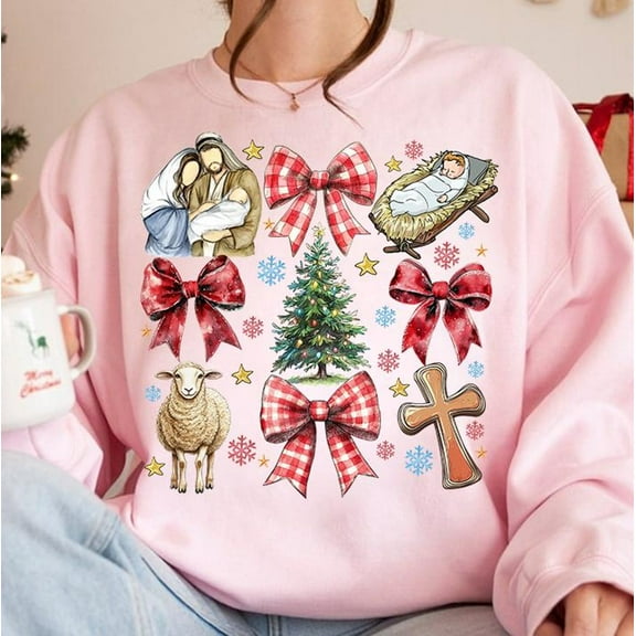 Coquette Jesus Christmas Sweatshirt, Baby Jesus Pullover, Christian Christmas Bible Verse Nativity Scene Shirt, Oh Holy Night Sweater