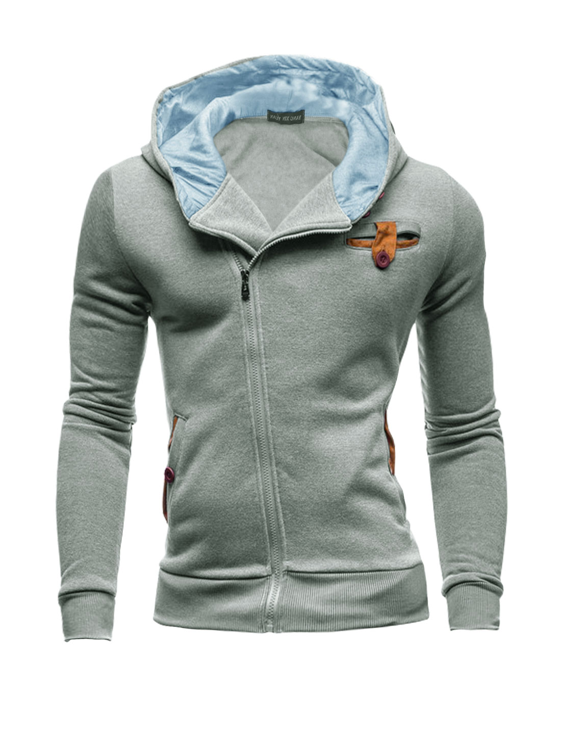 Men's Full Zip Two Pockets Elbow Patch Hooded Jacket Light Gray M