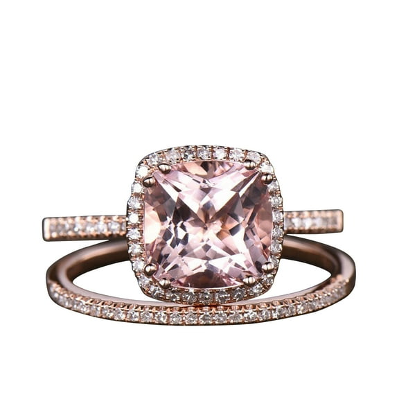 5.25 Carat 10mm Cushion Cut Morganite Wedding Set Diamond Moissanite 10k Rose Gold Engagement Ring 8 Prongs 2pcs