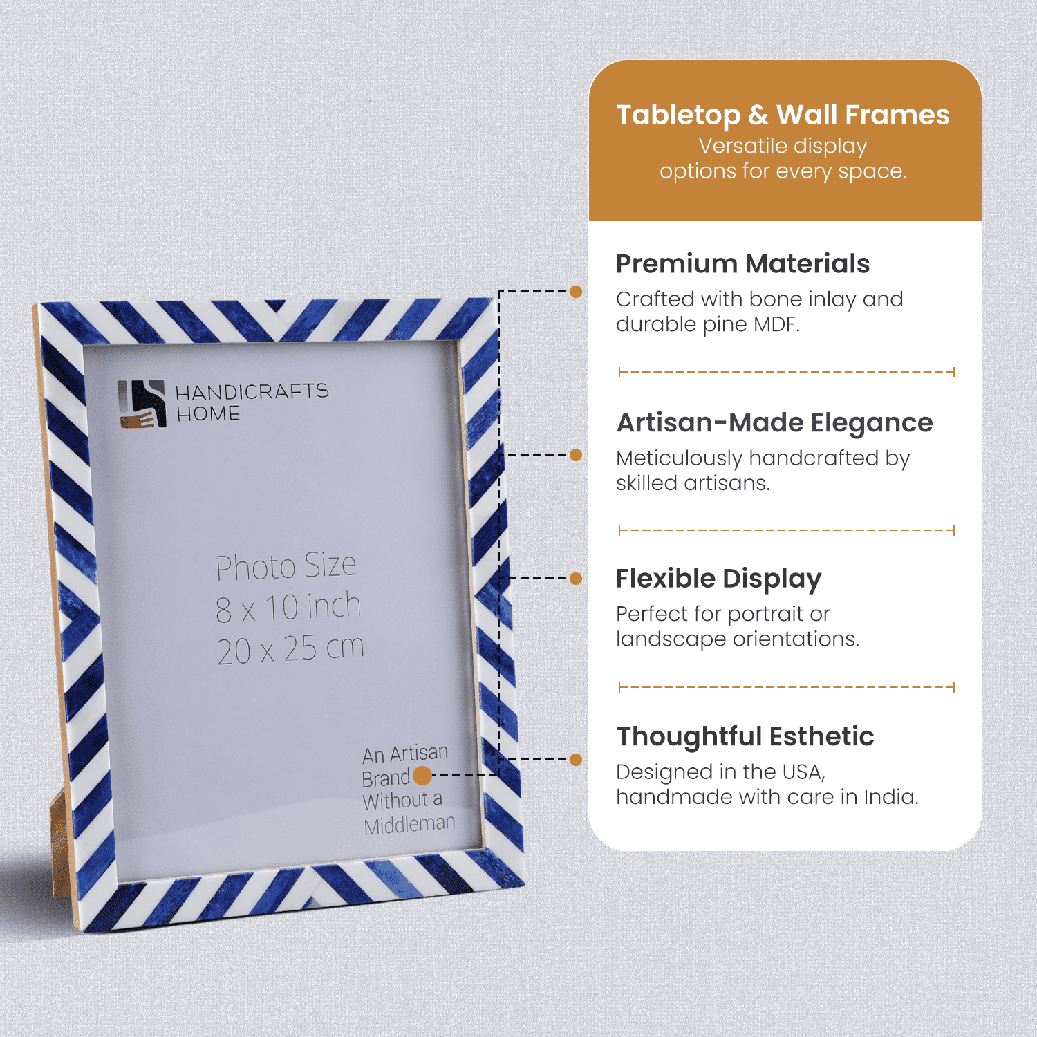 Handicrafts Home 8x10 Picture Frame, Blue Chevron Bone Inlay Photo Frame, Wall or Tabletop Picture Frame for Home Wall Decor