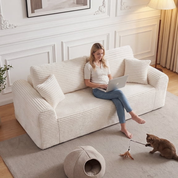 3 Seater Couch, Corduroy Boneless Couches for Living Room,26.4" Cloud Couch with Deep Seat,Comfy Floor Sofa with 2 Pillows,Upholstered Floor Sofa in A Box