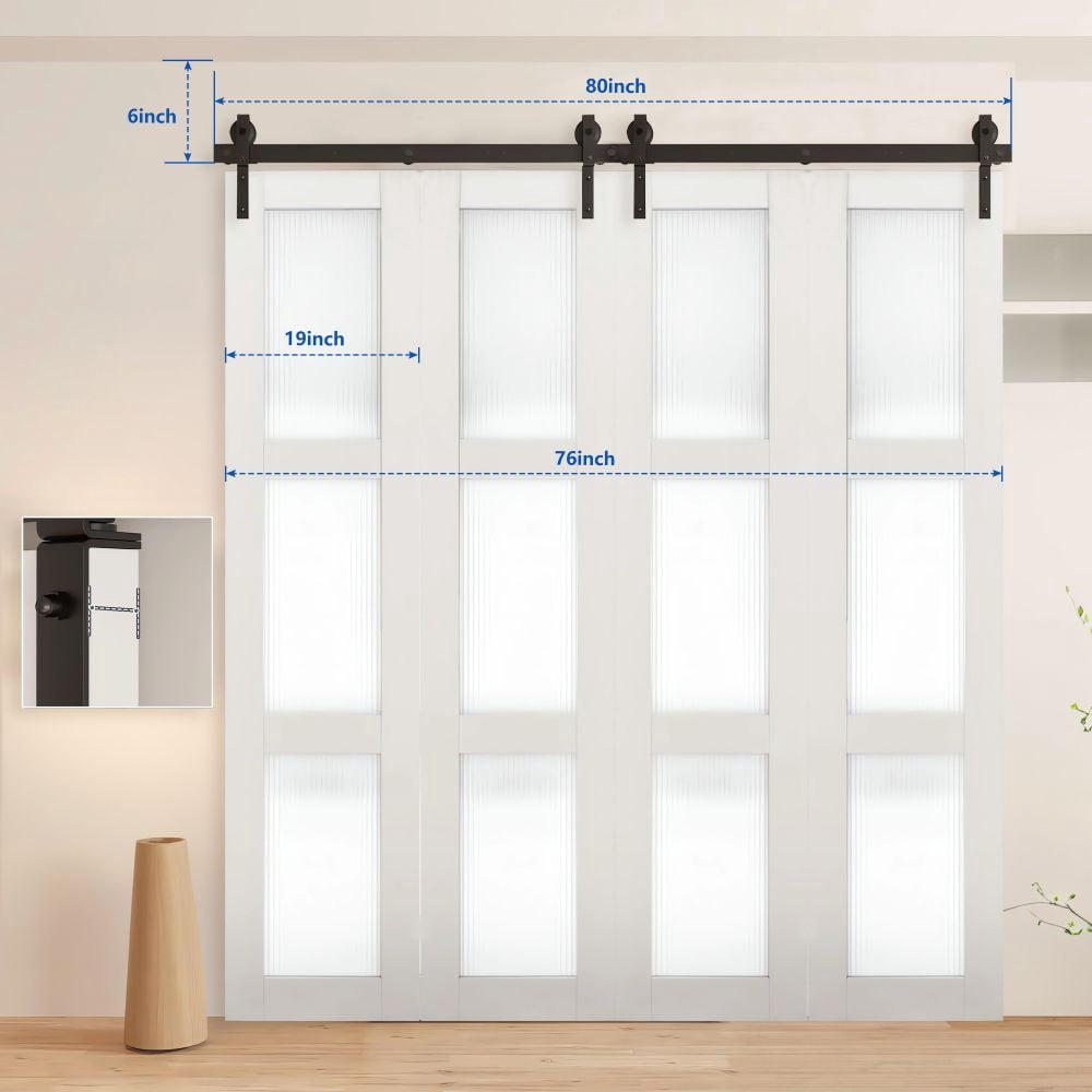 IVV Industrial Style 80" Bi-Folding Sliding Barn Door Hardware Kit for 4 Doors, Slide Smoothly Quietly, Black Track J Shape Roller [Doors not Included]