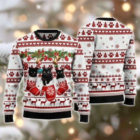Black Cat Xmas 3D Sweater, Custom Photo Cute Christmas Gift for Cat Lovers, Men, Women, Kid, Unique Holiday Outfit.