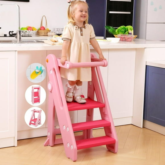 Toddler Tower Kitchen Stool Helper - & Adjustable Height Kids Learning Stool for Kitchen Counter Bathroom Sink, Child Ladder for Toddlers with Handles, Rail, Non-Slip Pads-Pink