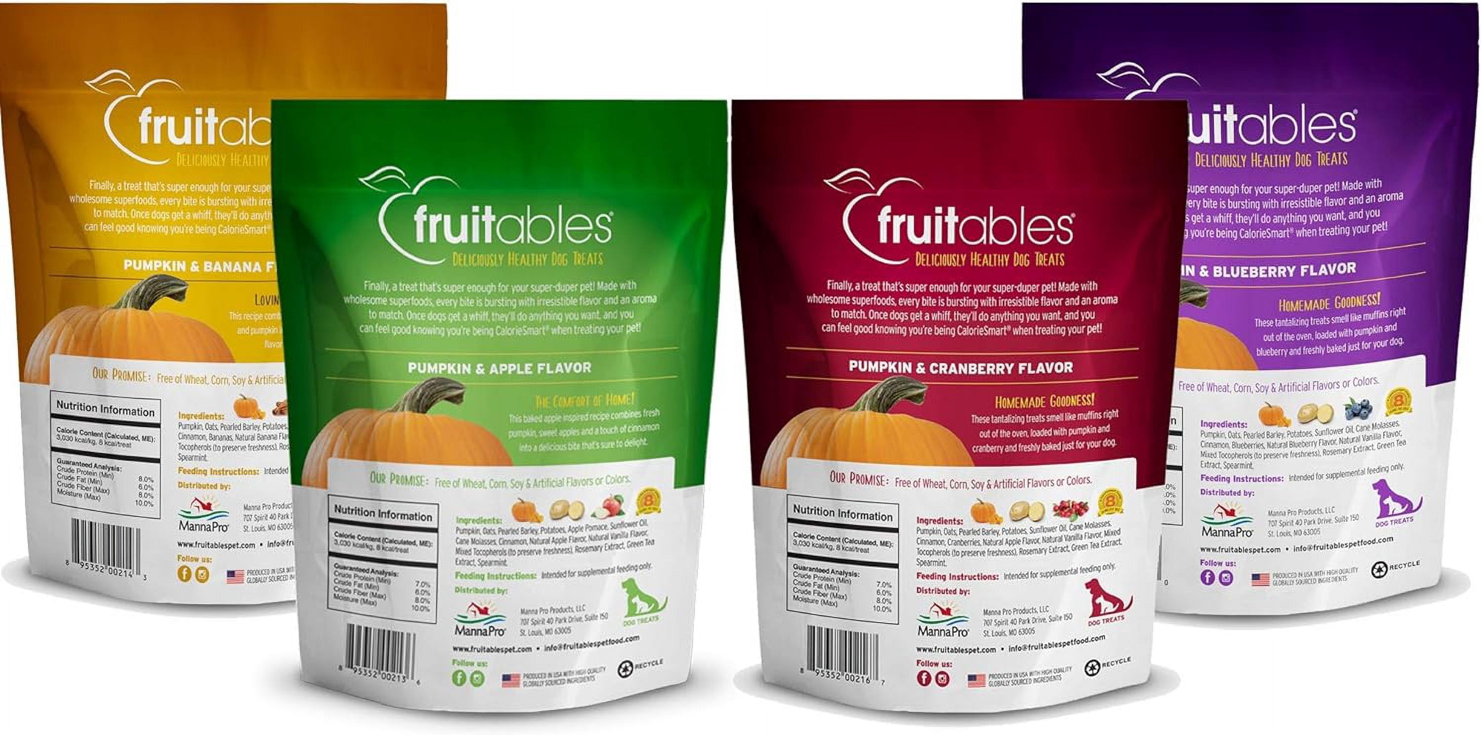 Fruitables (2) Pumpkin & Apple and (2) Pumpkin & Banana and (2) Pumpkin & Blueberry and (2) Pumpkin & Cranberry 7 oz Dog Treats Variety Pack