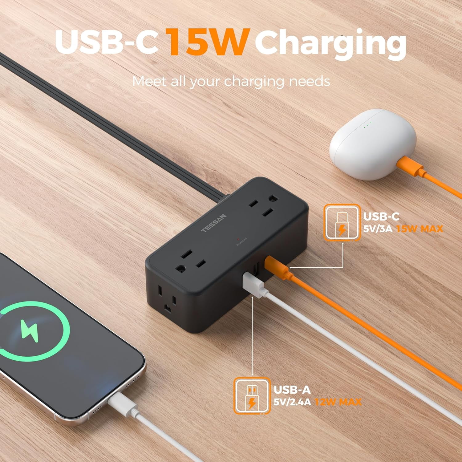 Black Extension Cord 5 Ft, Flat Surge Protector Power Strip with 4 Wide Spaced AC Outlets 3 USB Ports (1 USB C), Ultra Thin Flat Plug with 900J Surge Protection, Office Dorm Room Essentials