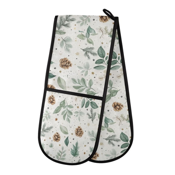35" x7" Double Oven Mitt Heat Resistant Oven Gloves Withstands Up to 200°C for Kitchen Baking & BBQ Green Leaves and Pine Cones