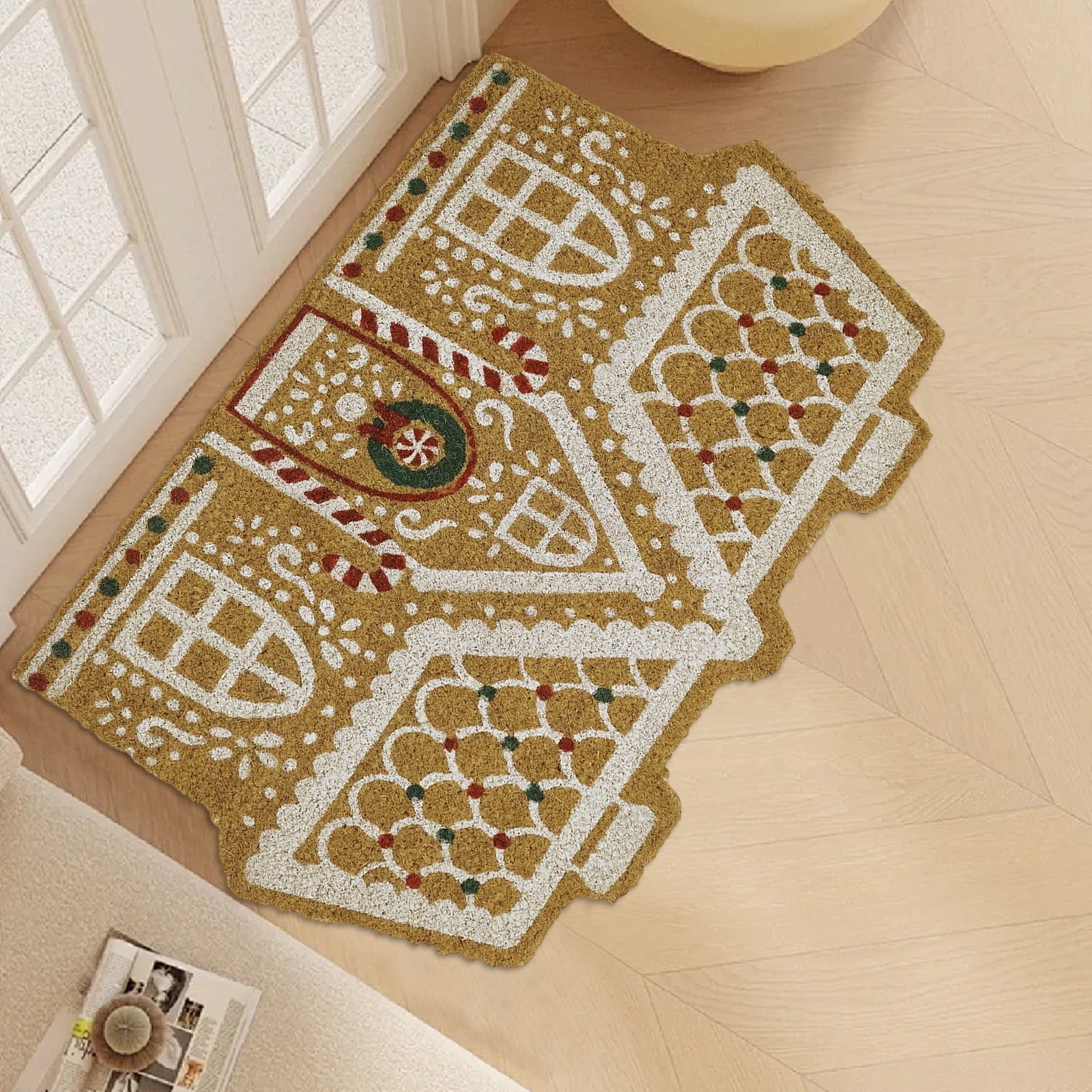 Gingerbread & Candy Cane Festive Holiday Design Welcome Doormat For Christmas And Thanksgiving, Crystal Velvet Fabric Crafted With Exquisite Edging Technology, Soft