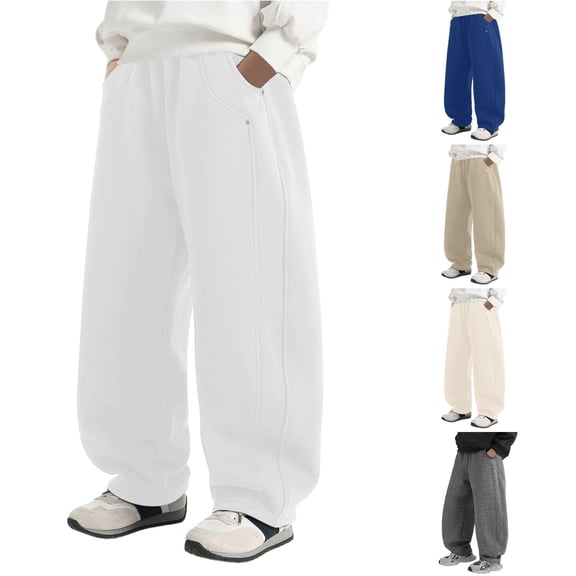 CUZIBR Boys Baggy Wide Leg Sweatpants Elastic Stretch Waist Casual Streetwear Trousers With Pockets Soft Summer Fall Back To School Daily Wear Loose Fit Bottoms,White,12-13 Years