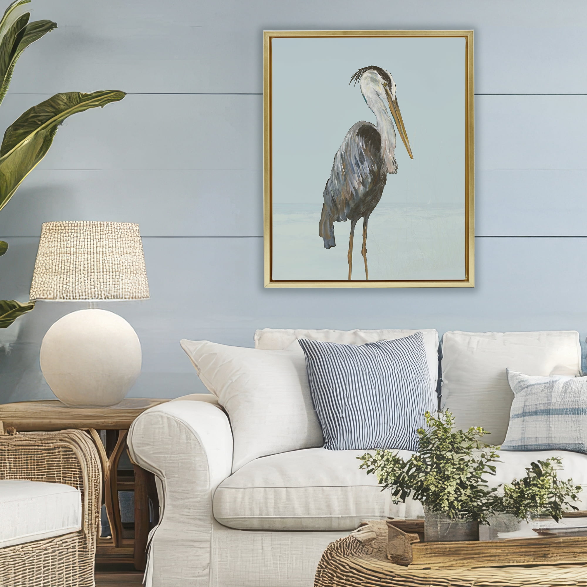 Stupell Industries Coastal Pelican Muted Blue Gold Framed Floater Canvas Wall Art, design by Julie DeRice