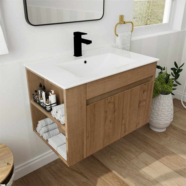 Wall Mounted Vanity Cabinet with Adjustable Open Shelf, 30 Inch Bathroom  Vanity with White Ceramic Basin Set, Bathroom Storage Cabinet with Soft  Close Doors, Easy to Maintain, Imitative Oak 