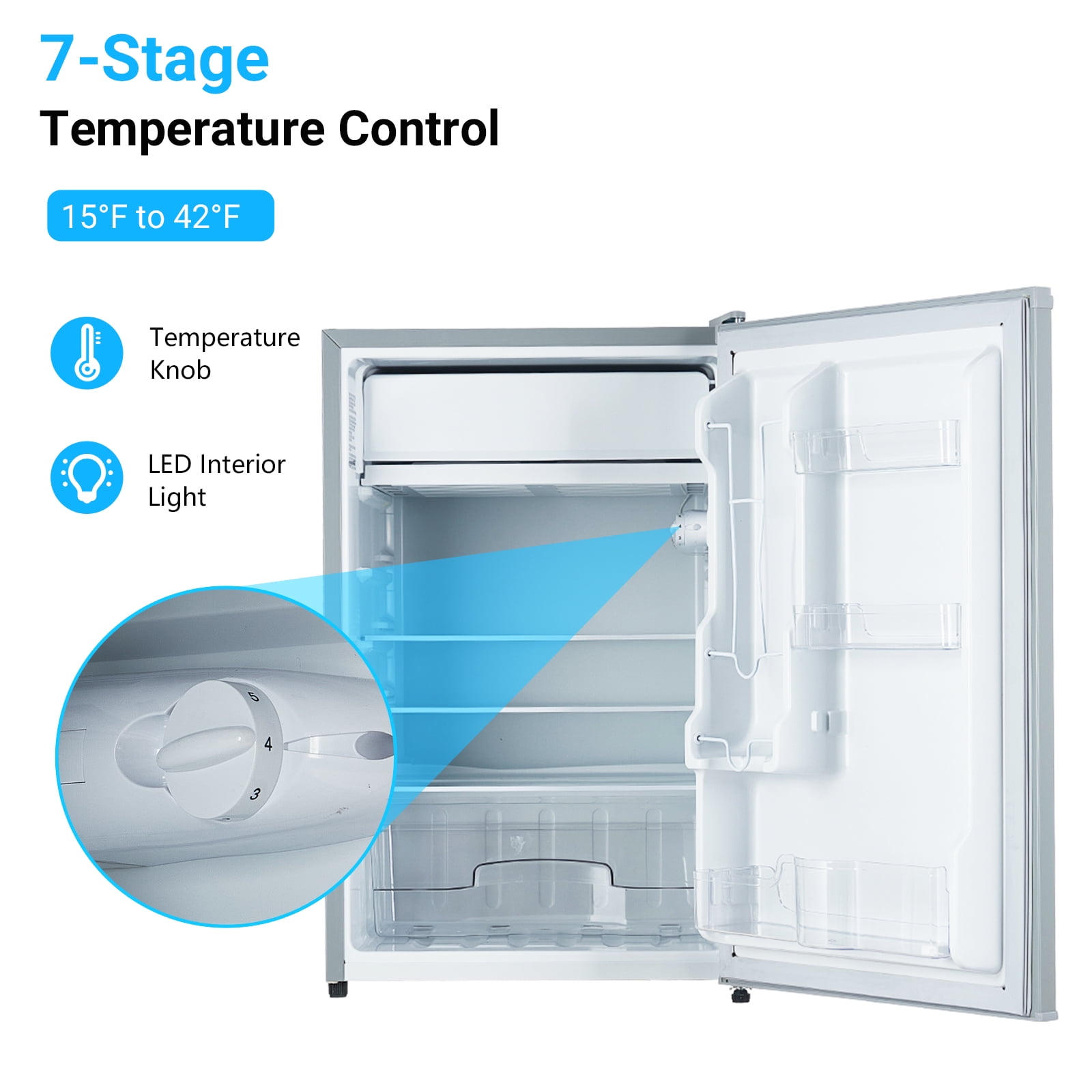 4.3 Cu.Ft Compact Mini Fridge with Freezer – Single Door Refrigerator, 7-Setting Temperature Control, Removable Shelves, Crisper Drawer, Low Noise, for Bedroom, Office, Dorm, RV – White