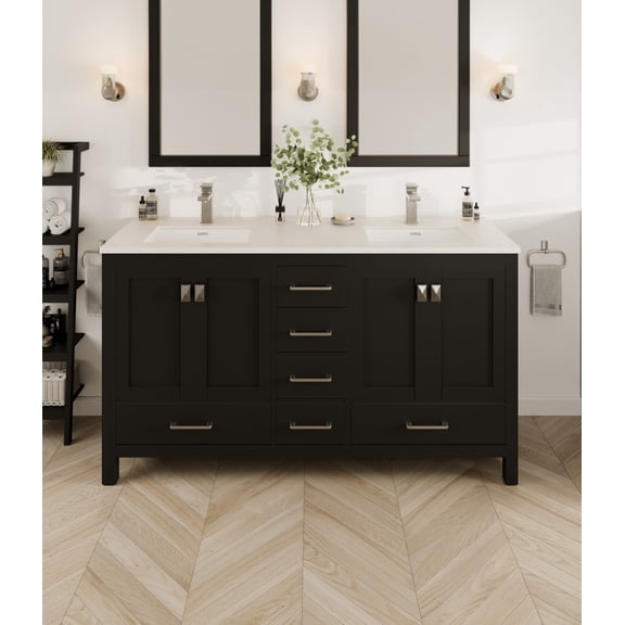 Eviva London 60"W x 18"D Espresso Double Sink Bathroom Vanity with Carrara Quartz Countertop and Undermount Porcelain Sinks
