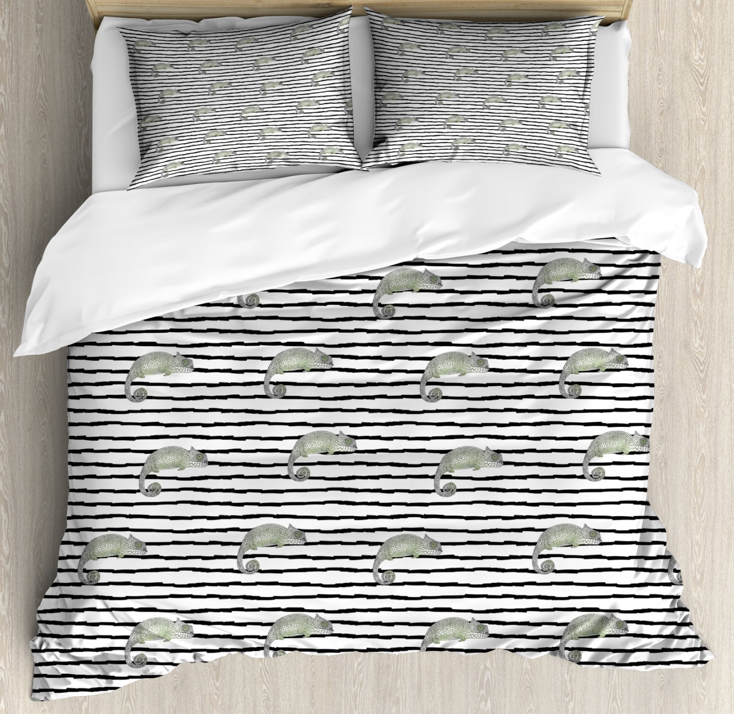 Reptile Duvet Cover Set Queen Size, Illustration of Repeated Chameleons