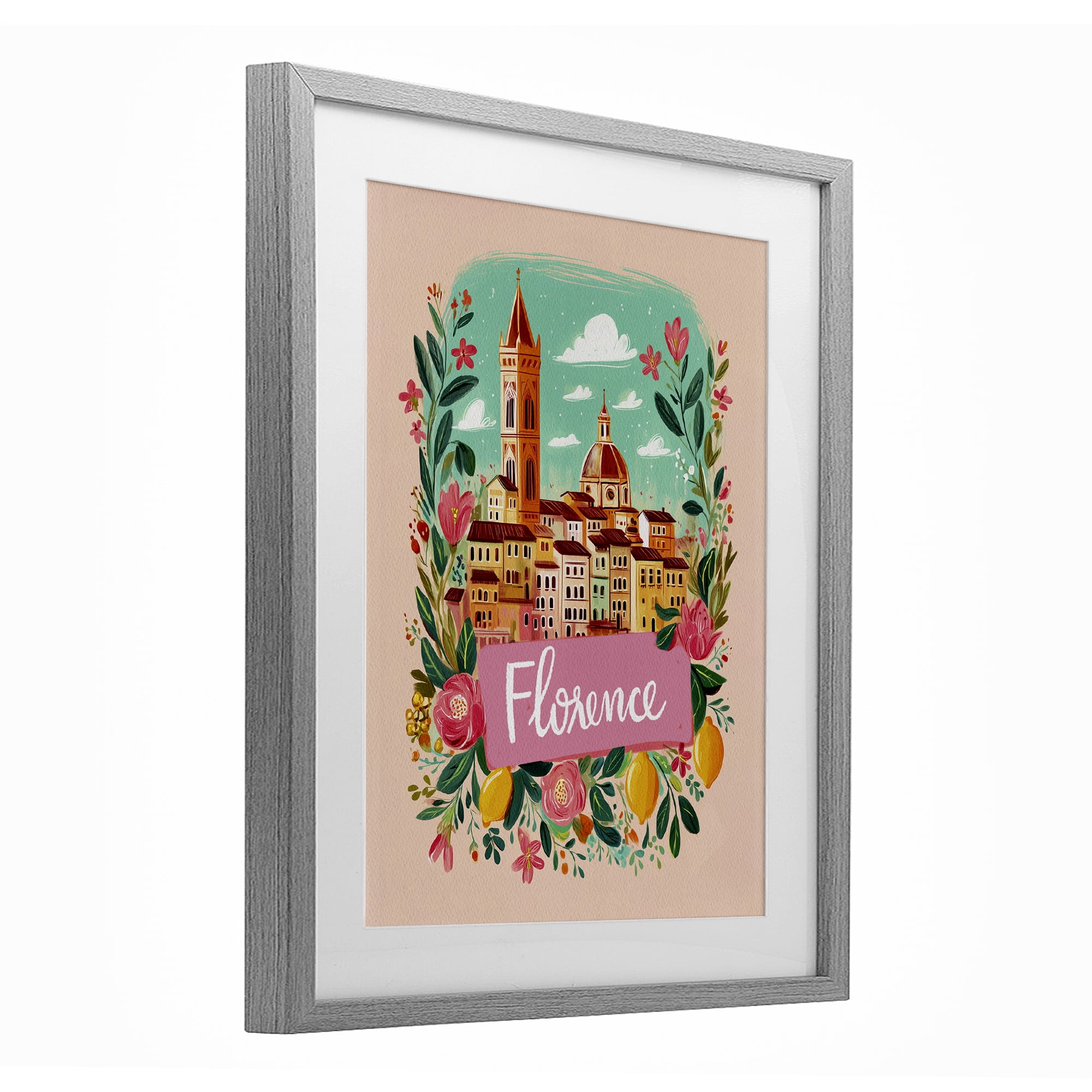 Floral Bordered Florence Gray Framed Print Under Glass, design by Yen
