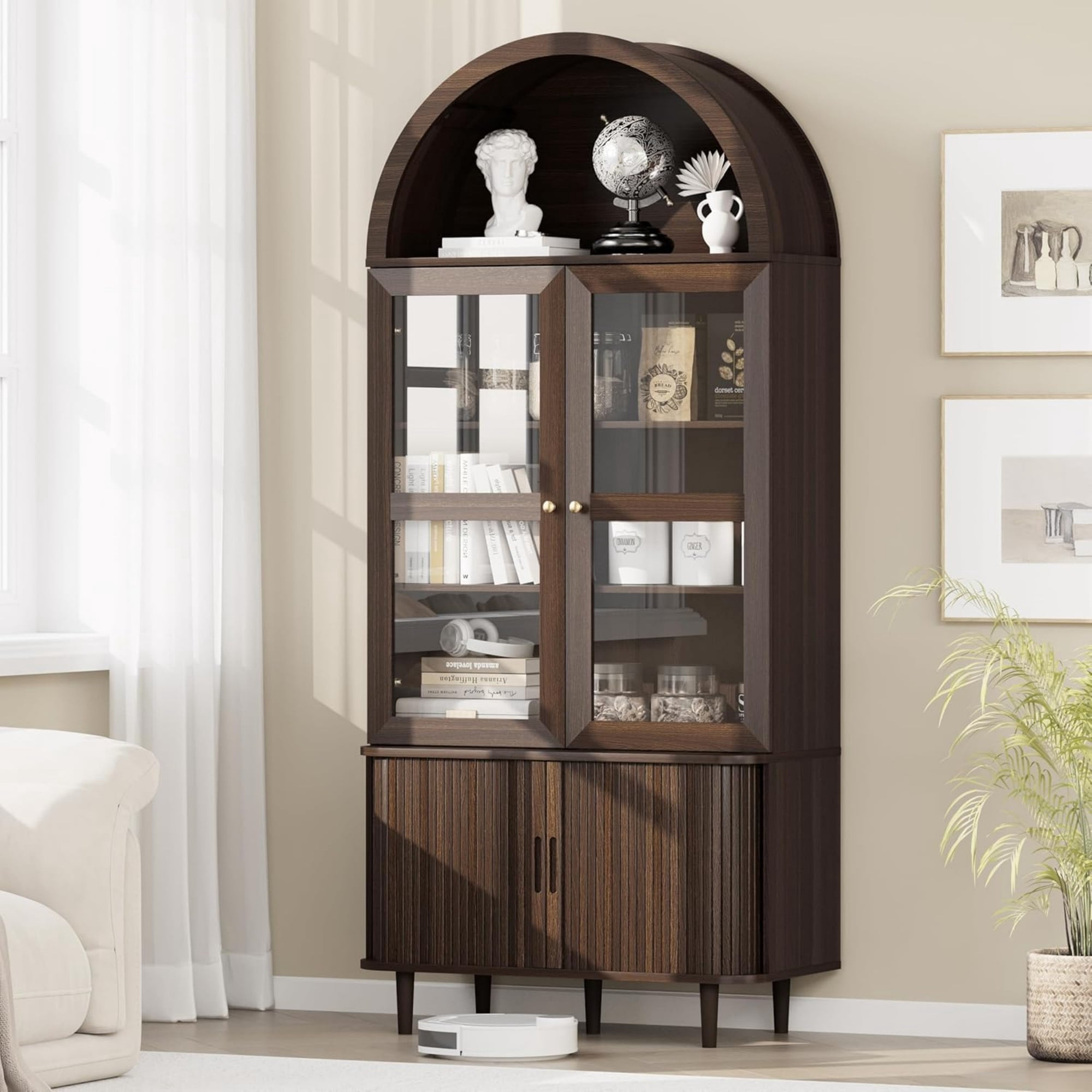 71 Inch Arched Cabinet with Glass Sliding Doors, Fluted Tall Pantry Cabinet with Adjustable Shelves, Coffee