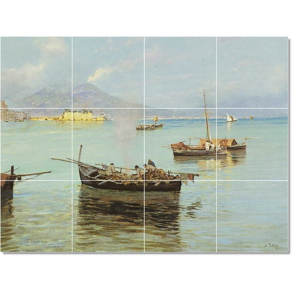 Ceramic Tile Mural-Attilio Pratella Ship Boat Painting 7. 32" w x 24" h using (12) 8 x 8 ceramic tiles